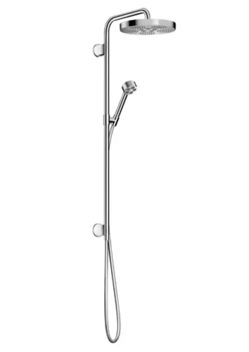 Chromene Dusche von AXOR mit einer festen Kopfbrause und einer Handbrause, montiert an einer schlanken Stange. Minimalistisches Design, geeignet für Unterputzinstallation.